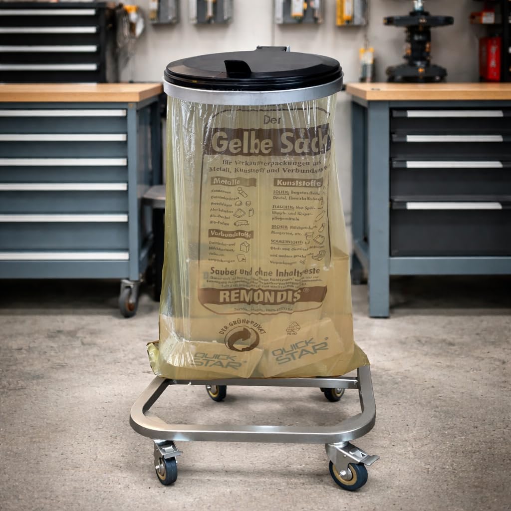 QUICK STAR Portasacco per Rifiuti con Coperchio e 4 Ruote | Supporto per Sacco in Metallo 120 Litri | Portasacco Stabile - Acciaio Zincato | Sacco Giallo 120L | Contenitore per Rifiuti Mobile