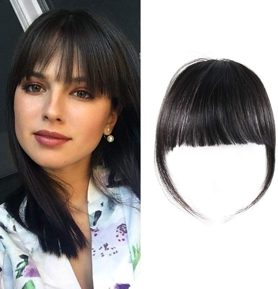 Shinon HAIQUAN Natural Real Human Hair Flat Bangs/Fringe Hand Tied Bangs Fashion Clip-in Hair Extension (Flat Bangs with Temples, Natural Black)