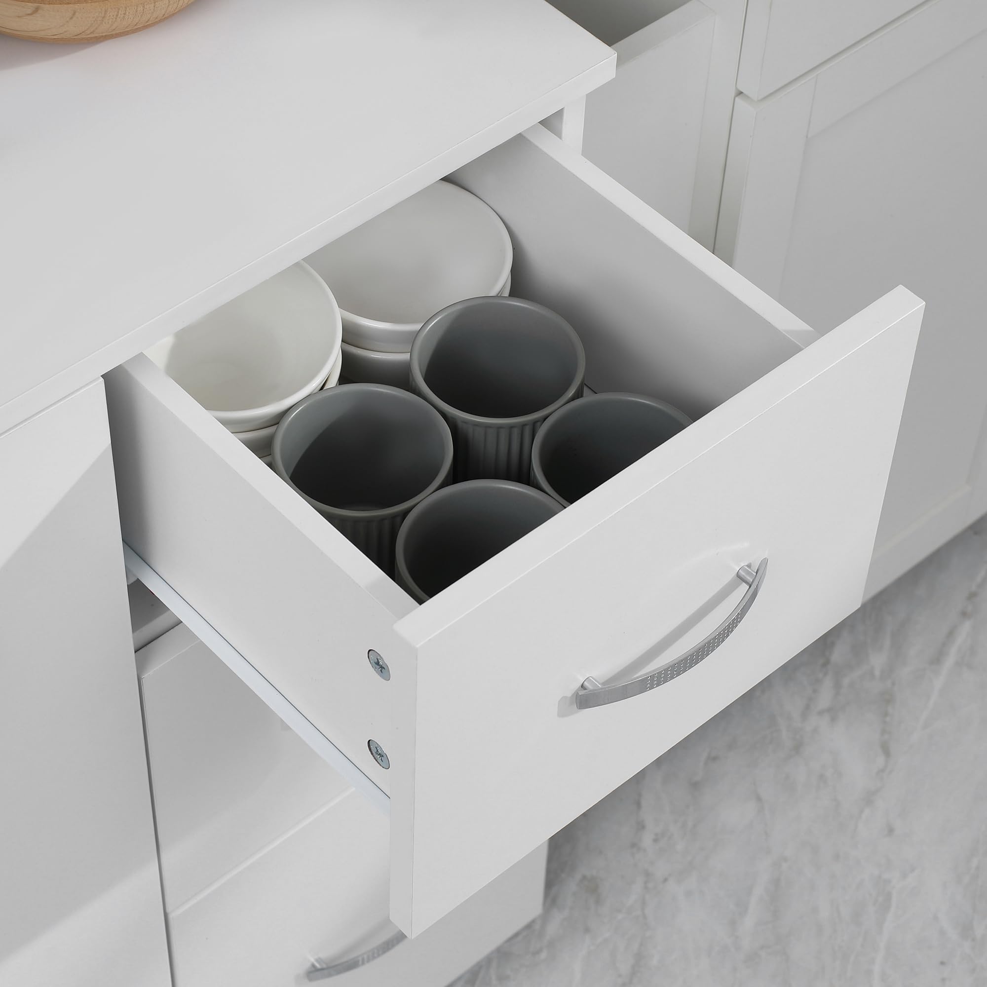 HOMCOM Küchenschrank Hochschrank mit 3 Offenen Fächern, 4 Türen und 3 Schubladen Buffetschrank Vitrinenschrank Mikrowellenschrank mit Verstellbaren Ablagen, Weiß, 89 x 39,5 x 168 cm