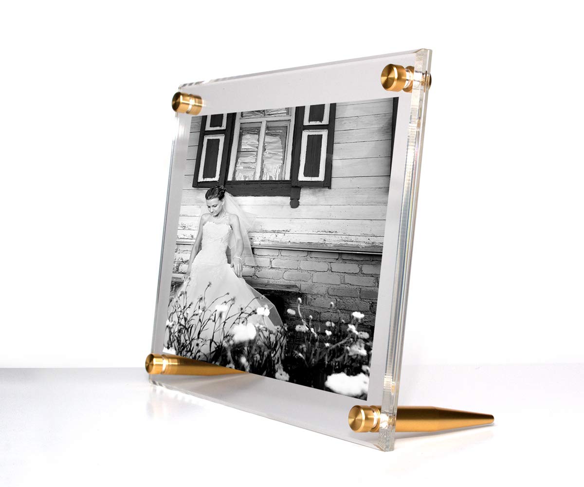 Wexel Art 7x9-Inch Diamond Polished Beveled Edge Framing Grade Acrylic Tabletop Floating Frame with Gold Hardware for 5x7-Inch Art & Photos