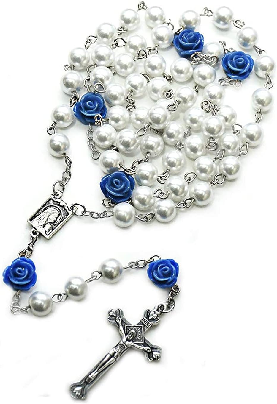 Prayer Beads Pearl Rosary Necklace 6 Rose Flowers, for Religious Occasion, Mother Day, in Velvet Bag. - Blue Color
