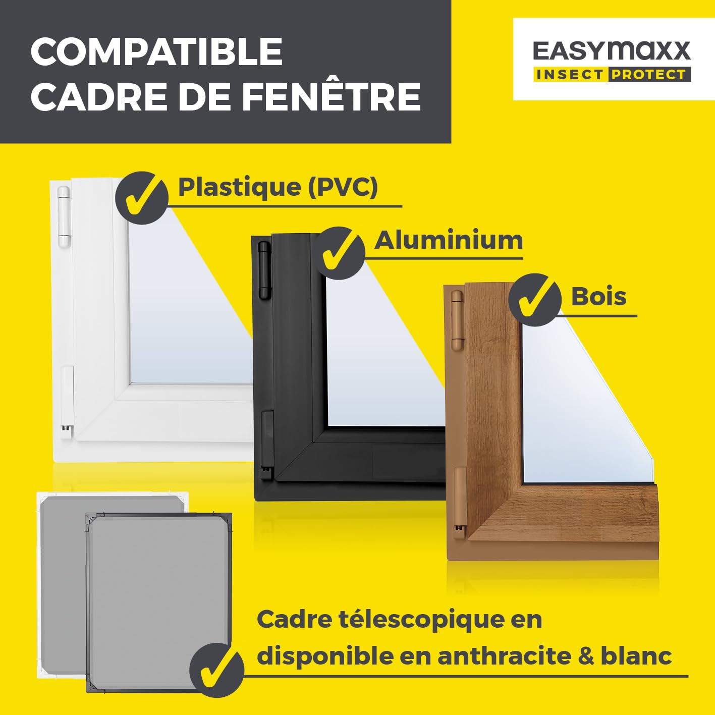 EASYmaxx Insect Protect - Moustiquaire télescopique pour fenêtre - Avec cadre prémonté - Moustiquaire extensible - Moustiquaire intégrée - Anthracite