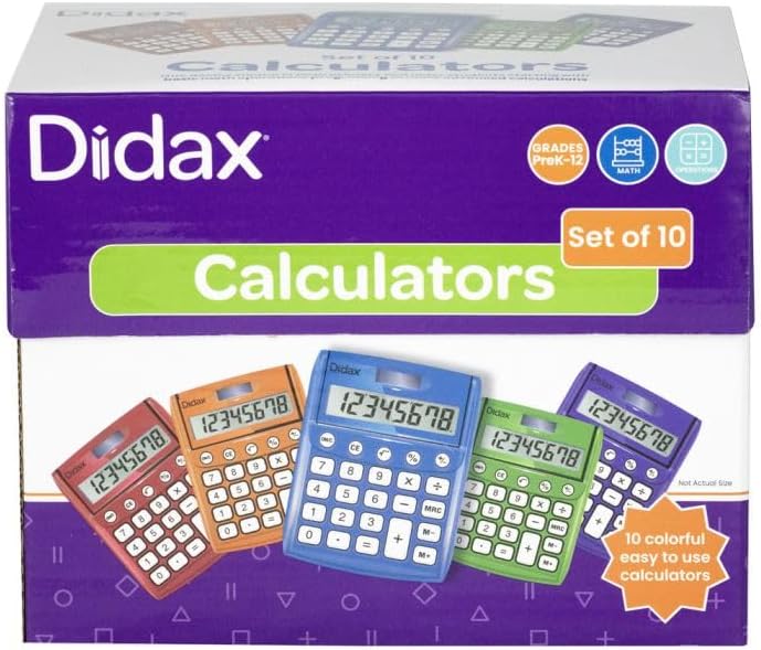 Didax Primary Calculators Set of 10 – Solar Powered Student Calculators for Classroom Math, 8-Digit Display, Large Buttons, Elementary & Middle School Learning Tools