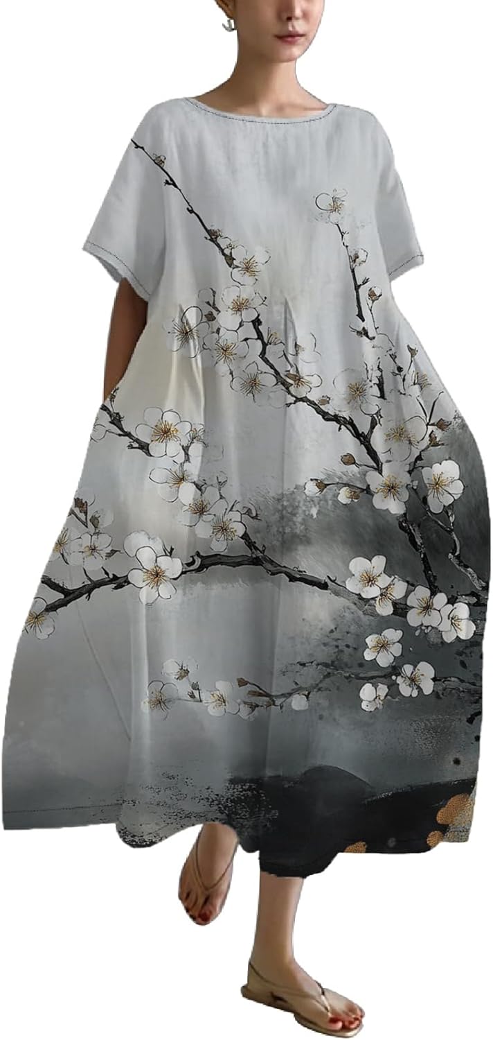 Women's Plus Size Boho Dress Novelty Floral Painting Summer Linen Maxi Dresses Casual Loose Flowy A-line Midi Dress