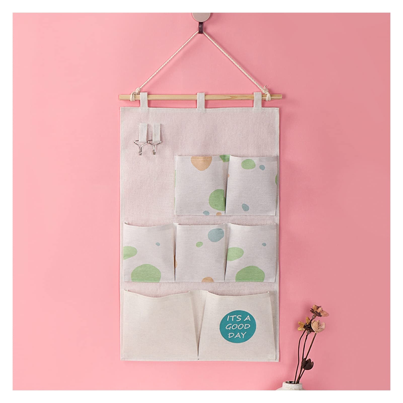MBELLO Hängende Organizer-Tasche, Fabric Hanging Storage Bag Over the Door Wall Mounted Storage Bag with 7 Pockets Elegant Cotton Linen Wall Hanging Storage Bag(B)