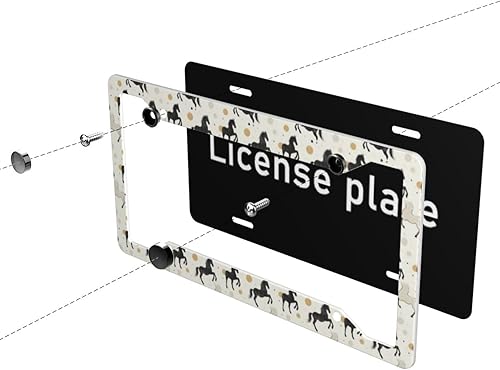 Miniatura 5 de 2 marcos de matrícula de automóvil para mujeres y hombres, diseño de caballo vintage, negro y blanco, cubierta de aluminio sólido para placa de