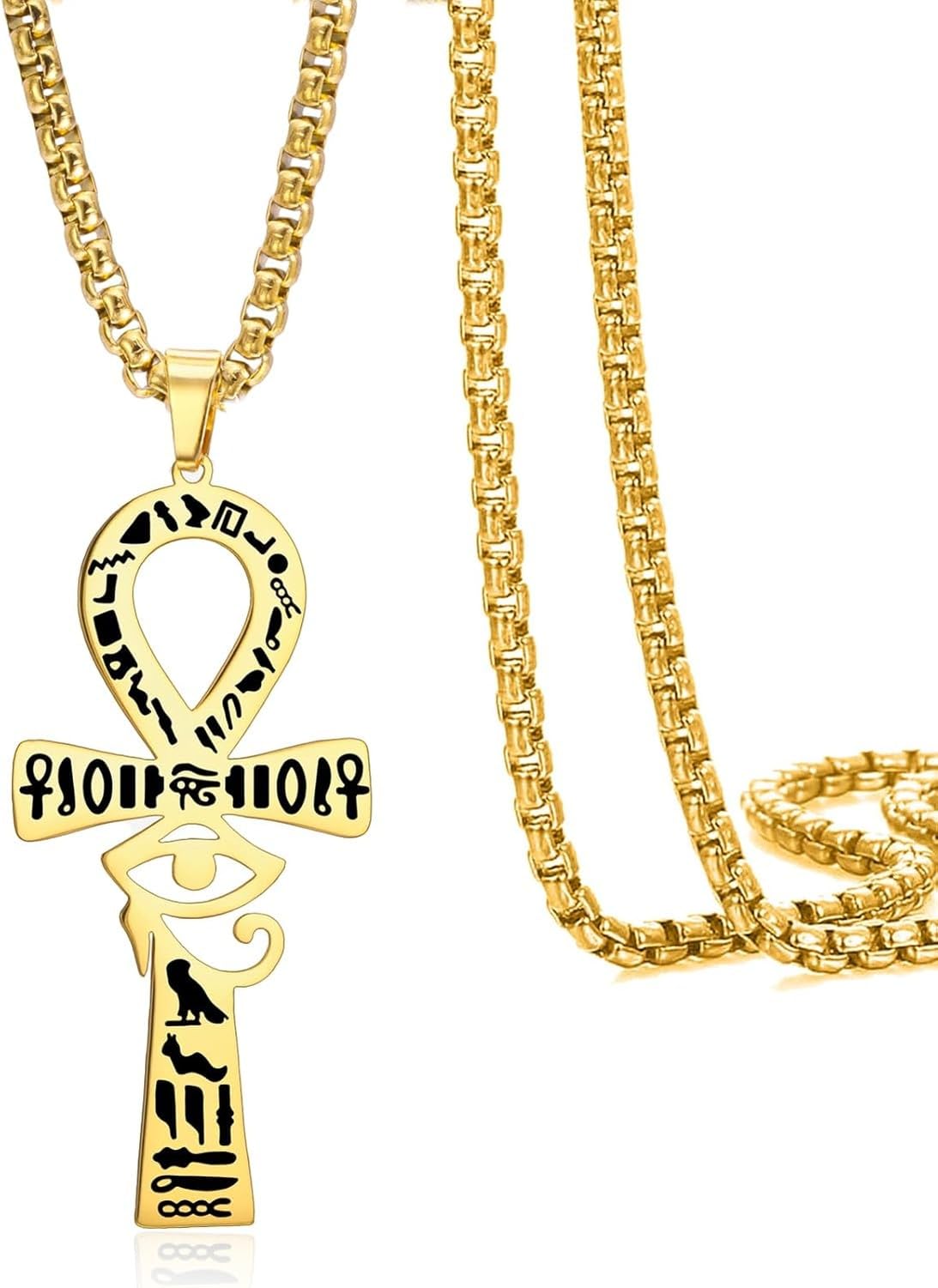 Eouyt Mens Womens Stainless Steel Ancient Egyptian Ankh Cross Pendant Necklace Amulet of Protection Key of Life Jewelry for Horus Eye, Gold