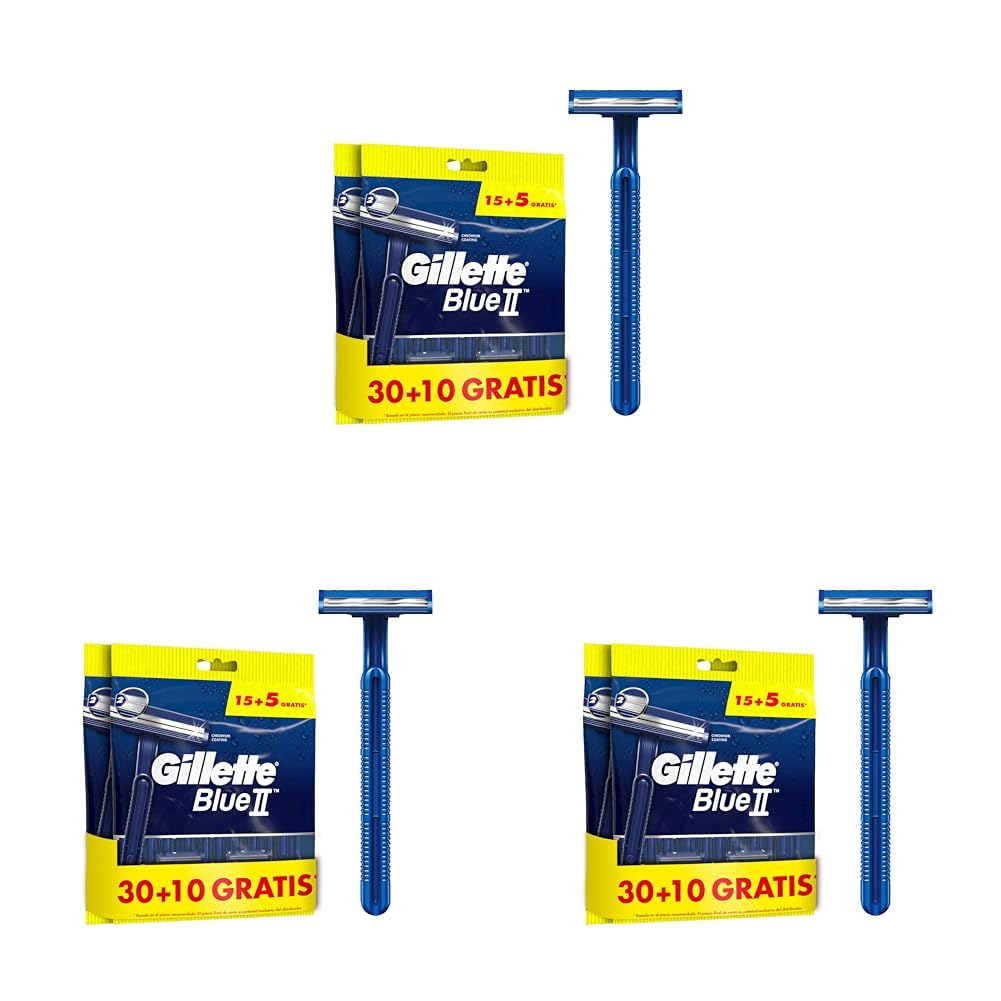 Gillette Blue II Maquinilla de Afeitar Hombre, Cuchillas de Afeitar desechables con Cabezal Fijo, 30+10 Gratis, 40 Unidades, Azul (Paquete de 3)