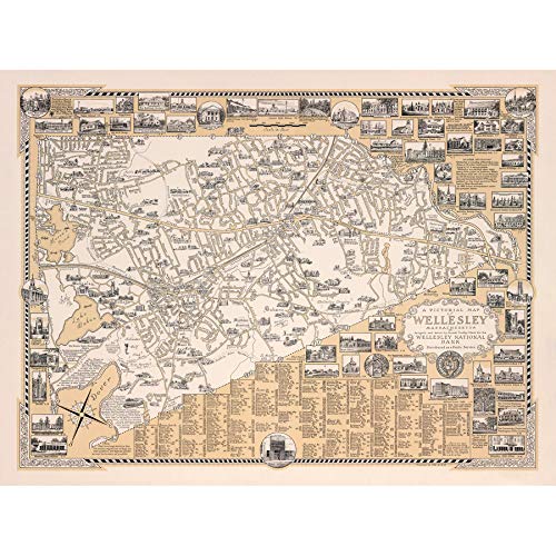 1960 Ernest Dudley Chase Map Wellesley Massachusetts Art Print Canvas Premium Wall Decor Poster Mural
