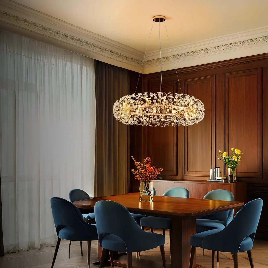 Harold Electricals Modern Golden Radiance Burst Round Chandelier, Luxury Dining Room Ceiling Lamp - K9 Crystal and Stainless Steel Ceiling Light Fixture for Living Room, Dining Area & Home Decor-image-30