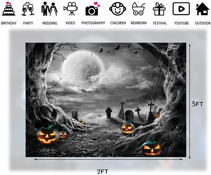 Miniatura 4 de LTLYH Telón de fondo de fotografía de Halloween de 7 x 5 pies, decoración de noche de terror, telón de fondo de fotos de calabaza aterradora, luna,