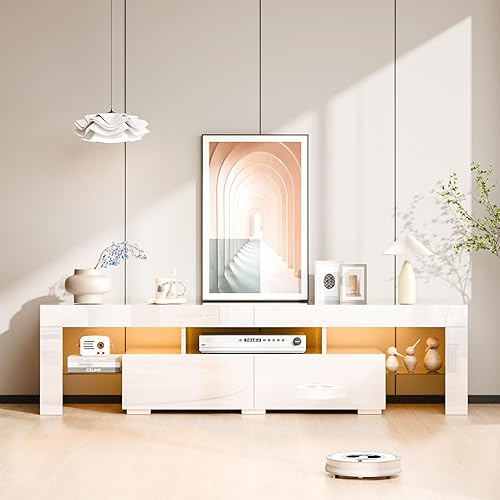 Bonnlo Moderno soporte de TV con luz LED para TV de 65 pulgadas, soporte de TV LED, mueble de TV, consola de almacenamiento multimedia con cajón y