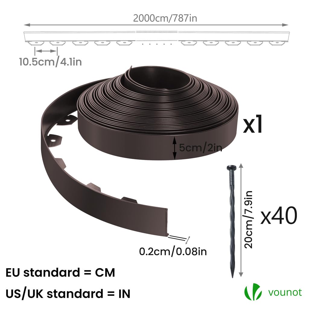 VOUNOT® Bordo Giardino Flessibile, Bordi Aiuole Plastica, con 40 Chiodi di Fissaggio, Lunghezza 20m, Altezza 5cm, Marrone