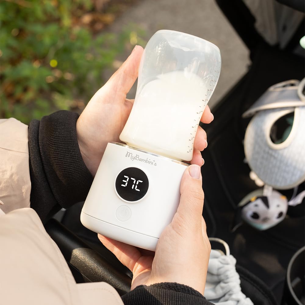 MyBambini's MAX Chauffe-biberon pour bébé en déplacement, batterie chauffe-biberon, chauffage rapide (2 min), 4 réglages de température, chauffe jusqu'à 8 bouteilles, convient pour : NUK First Choice