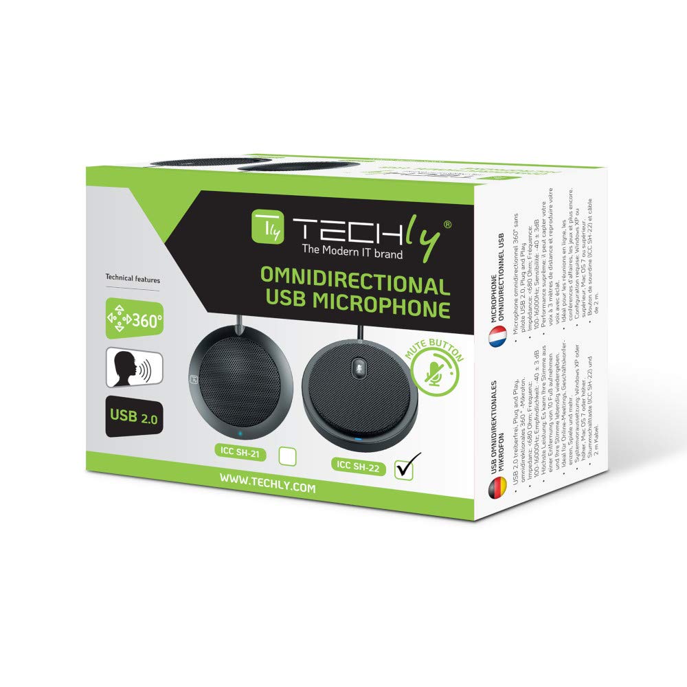 Techly 362725 Microfono USB Omnidirezionale da Conferenza con Tasto Muto Nero