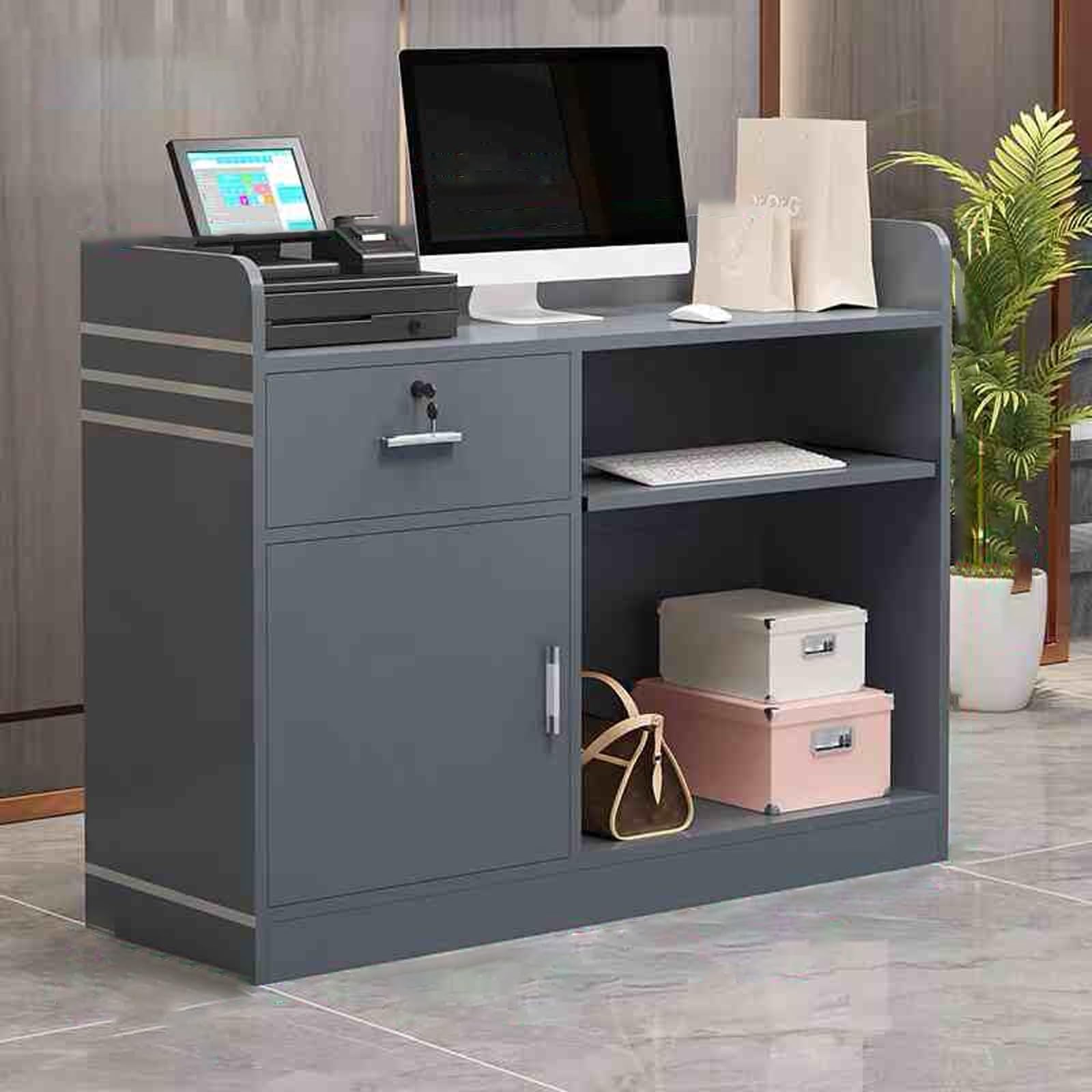 Moderno banco reception con bancone e contenitore, piccolo banco cassa anteriore per lobby saloni negozi al dettaglio e sale di ricevimento grigio 80 cm