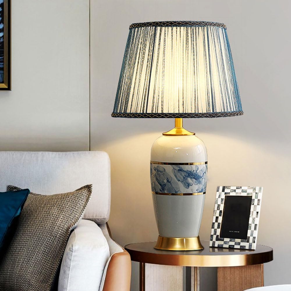 SGKOMN Lake Blue Ceramic Table Lamp, Modern Contemporary Ceramic Bedside Lamps Nightstand Lamp With Fabric Shade For Living Room, Bedroom-38 * 66cm