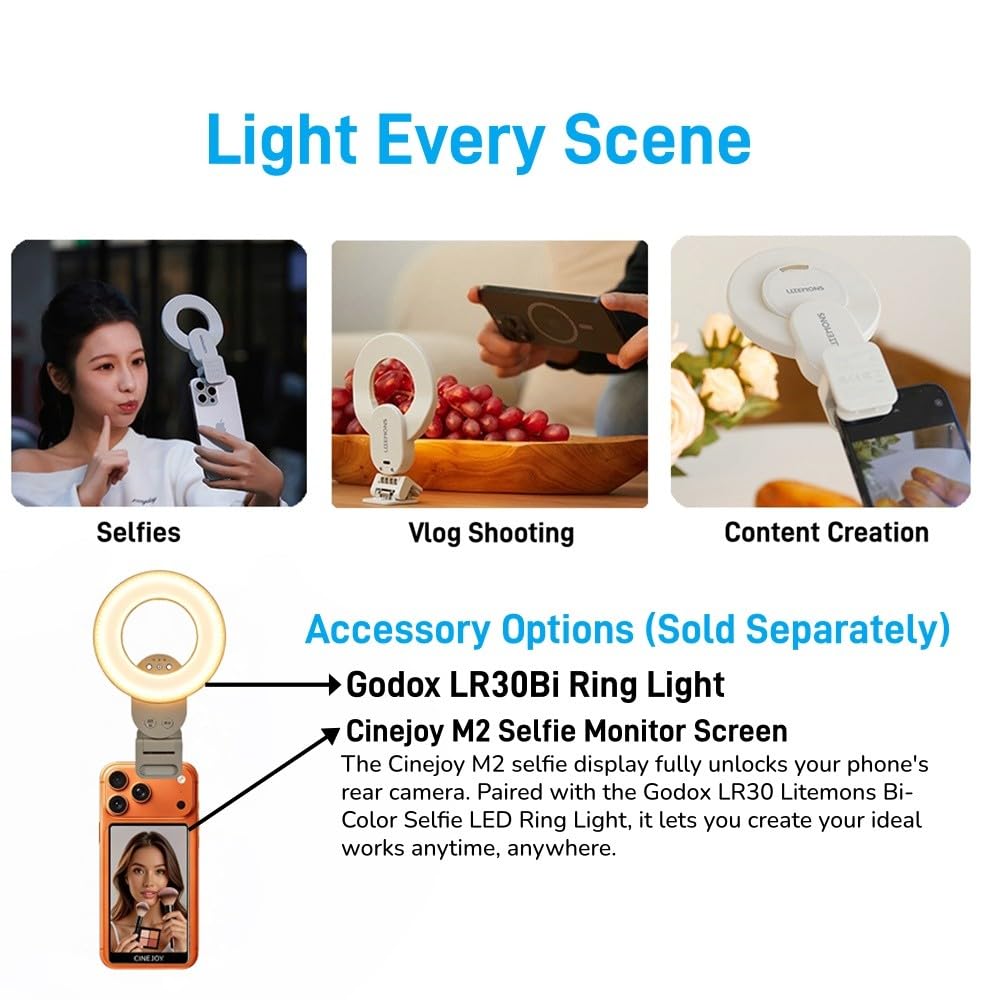 Godox LR30Bi LED Luce Selfie Smartphone, Ring Light Portable USB-C Bi-Color | Luce Morbida CRI97+, 2800K-6500K, Specchio Rimovibile, Ideale per TikTok, Make-up, Vlog e Videochiamate.