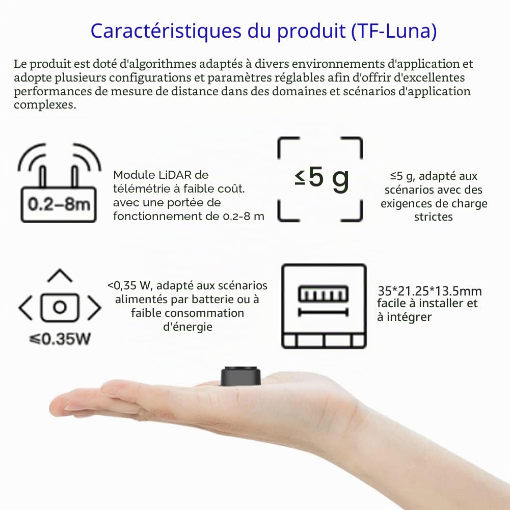 Benewake TF-Luna Module de capteur de portée Lidar à point unique compatible avec Pixhawk et Raspberry Pi avec UART / I2C