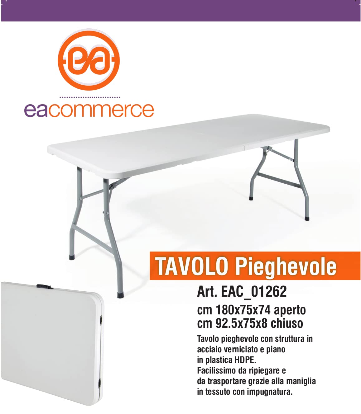 Tavolo Pieghevole Richiudibile 180x75x72 cm Bianco per Feste Sagre Fiere Giardino Campeggio