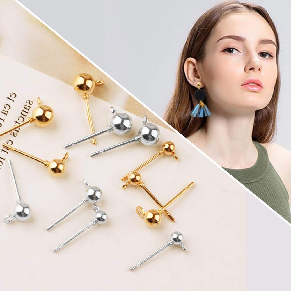300-Piece Ball Earring Stud Set With Rubber Backs - 3mm, 4mm, 5mm Gold & White Hypoallergenic