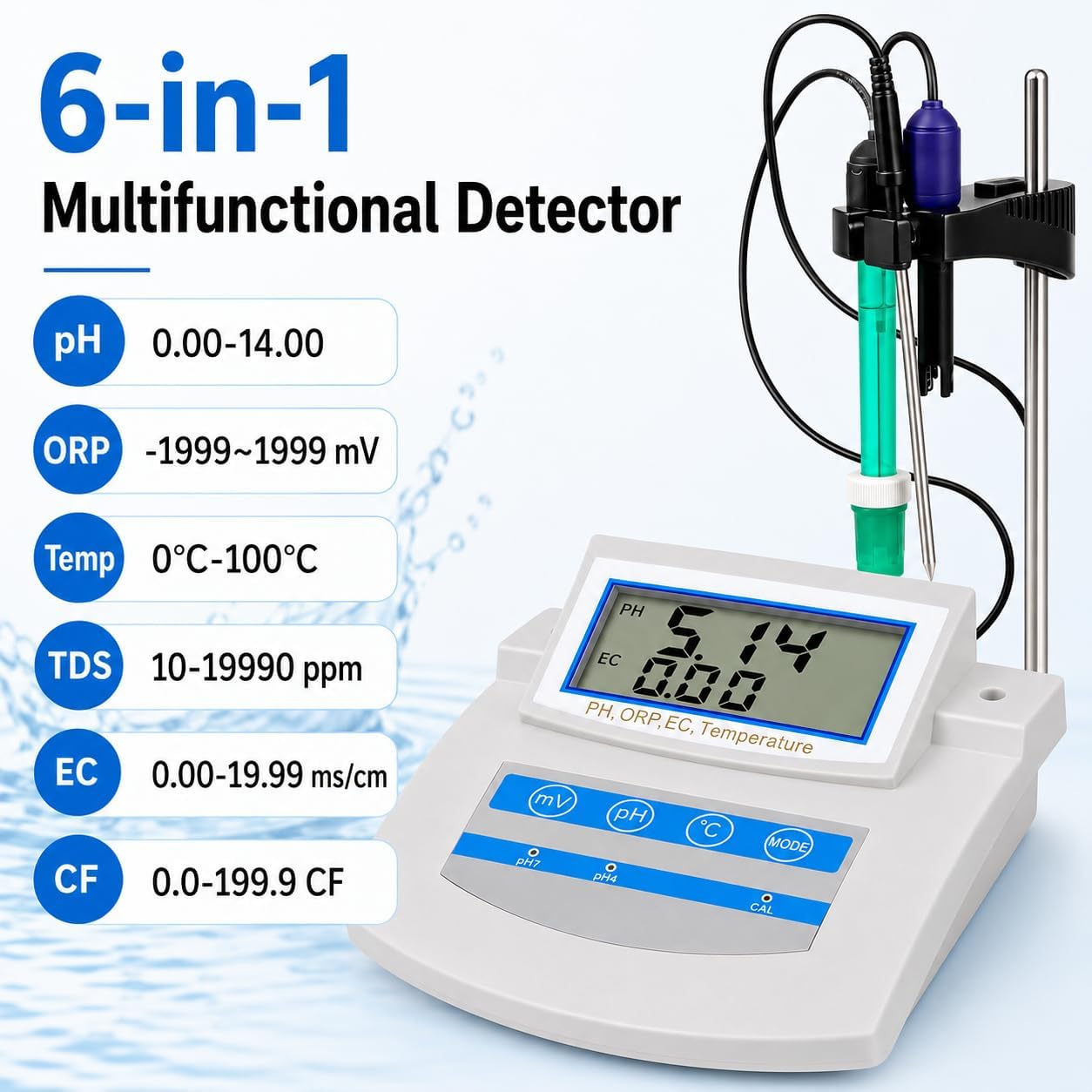 Kit de medidor de pH digital 6 en 1 con compensación de temperatura y almacenamiento de datos para acuario, laboratorio, granja y pesca