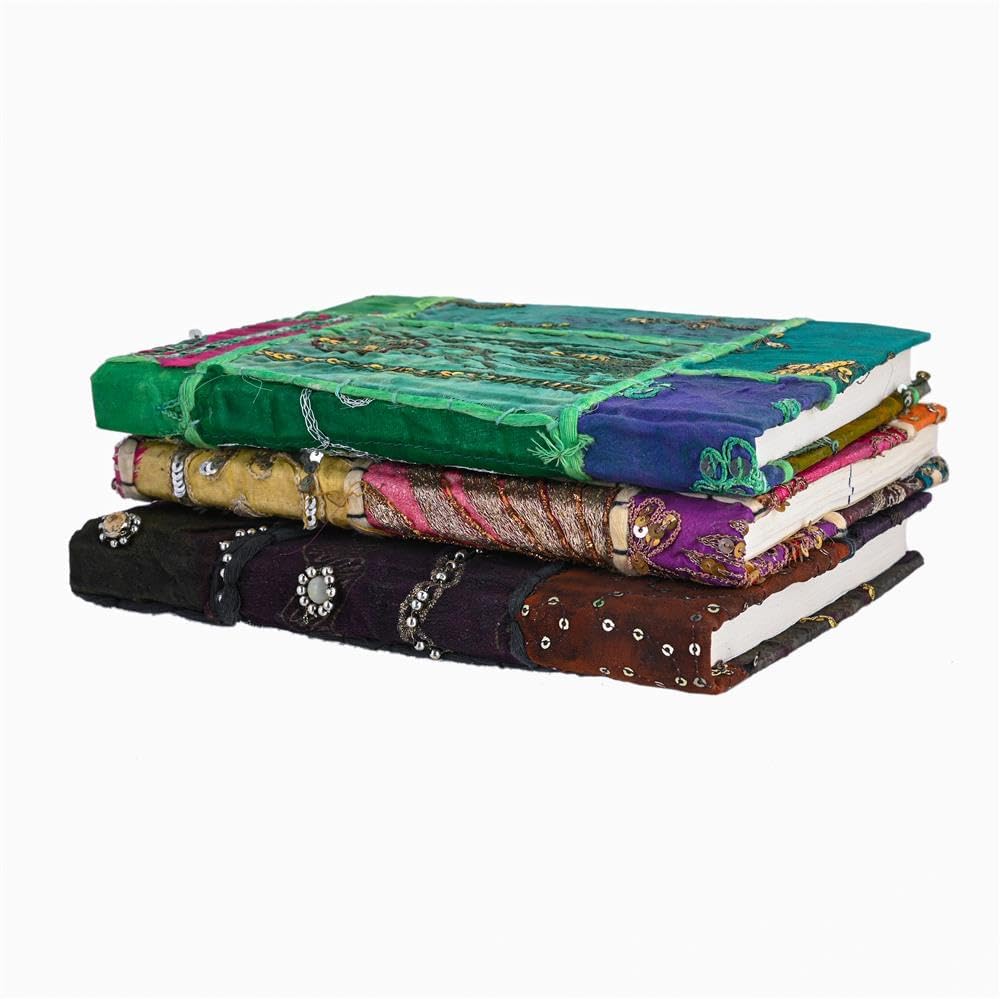 Arts & Crafts Ręcznie robiony papierowy dziennik w stylu vintage, boho, patchworkowa okładka, haftowany notatnik z cekinami i jari, pamiętnik, wyjątkowy prezent dla pisarzy i podróżników