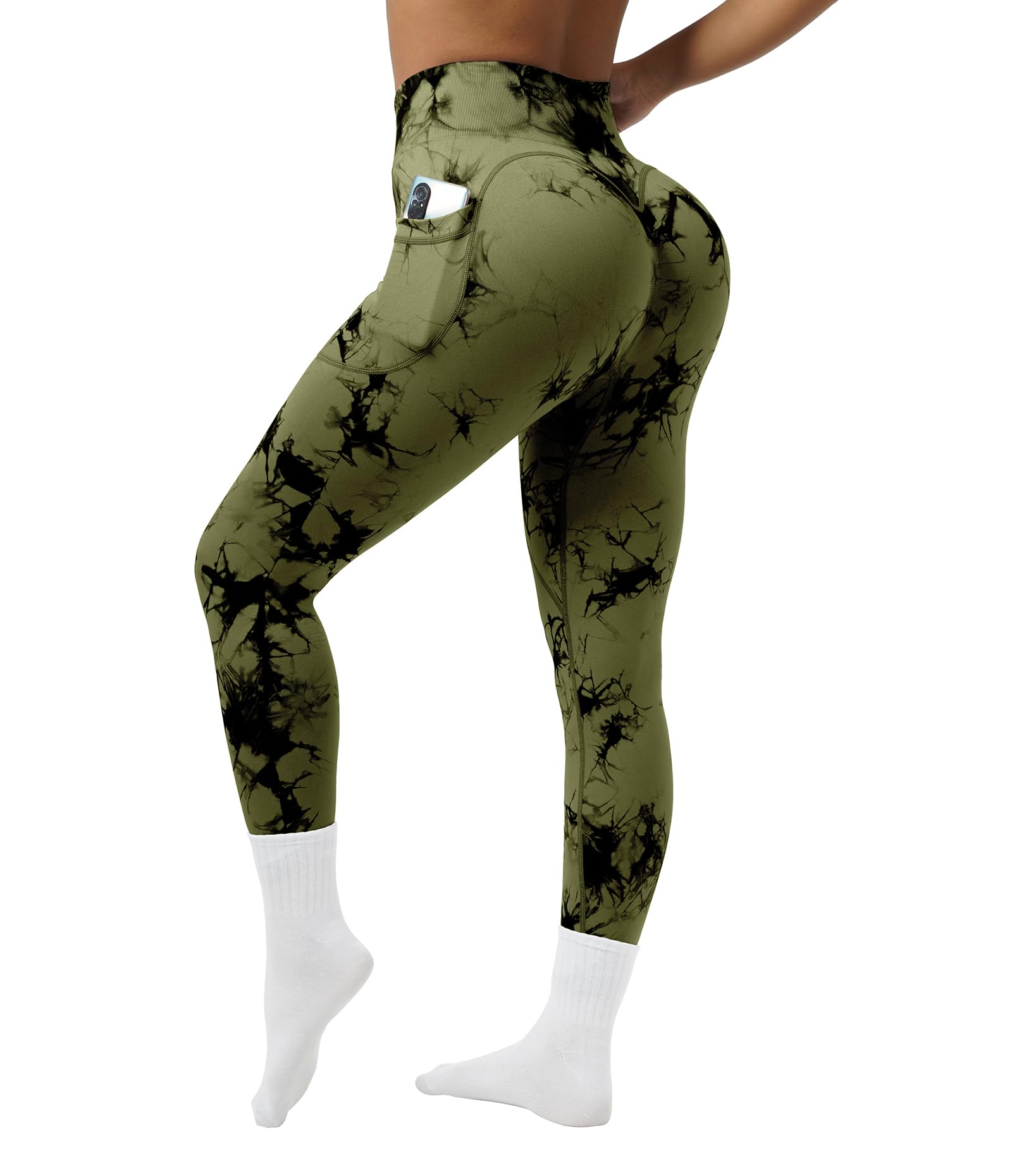 OVESPORT Tie Dye Seamless Leggings with Pockets for Women High Waisted Scrunch Butt Lifting Tummy Control Workout Gym