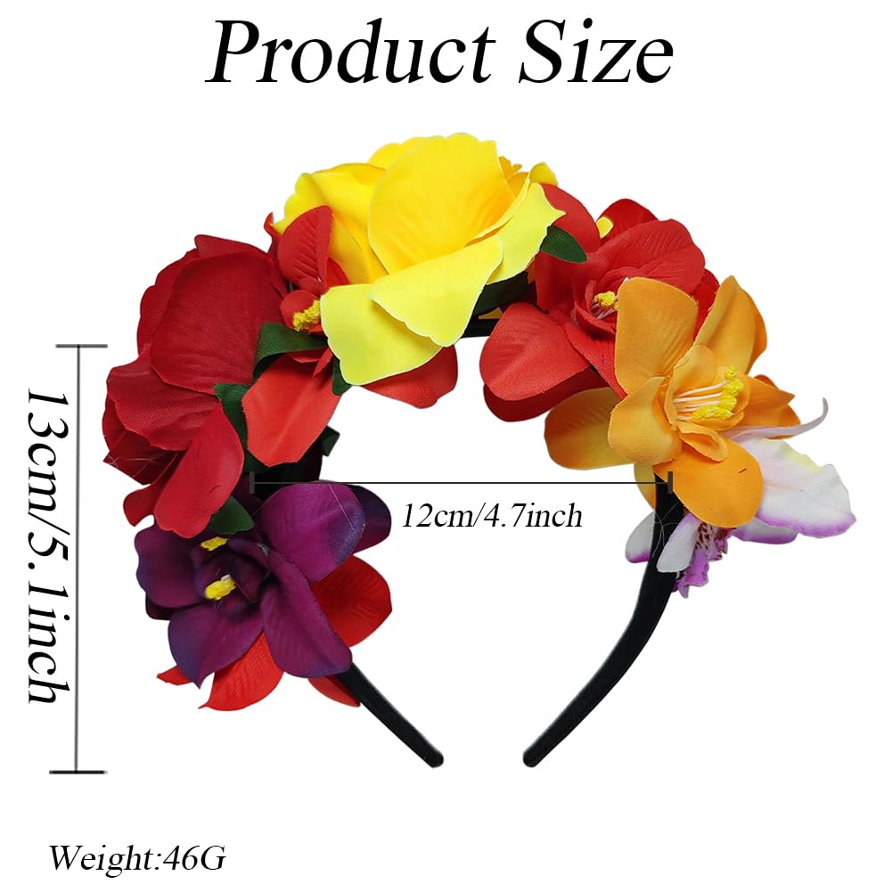 Mexican Flower Crown Headband Bohemian Floral Headpiece with Roses for Cosplay & Dressup Parties, mix color - Image 2