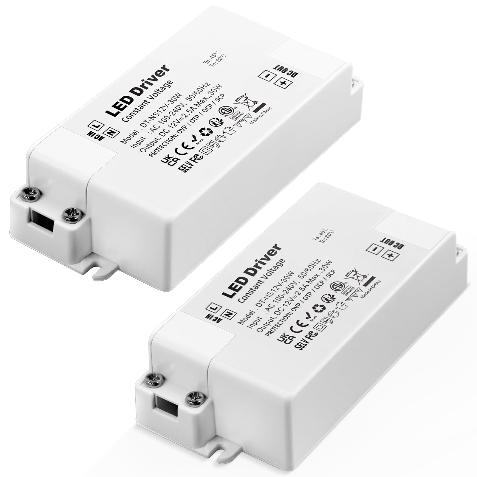 REYLAX 2pcs LED Driver 12V 30W 2.5A, 240V AC to 12V DC Transformer, Constant Voltage Driver Adapter, Low Voltage Transformers for DIY Light Strips, LED Bulbs and Downlight