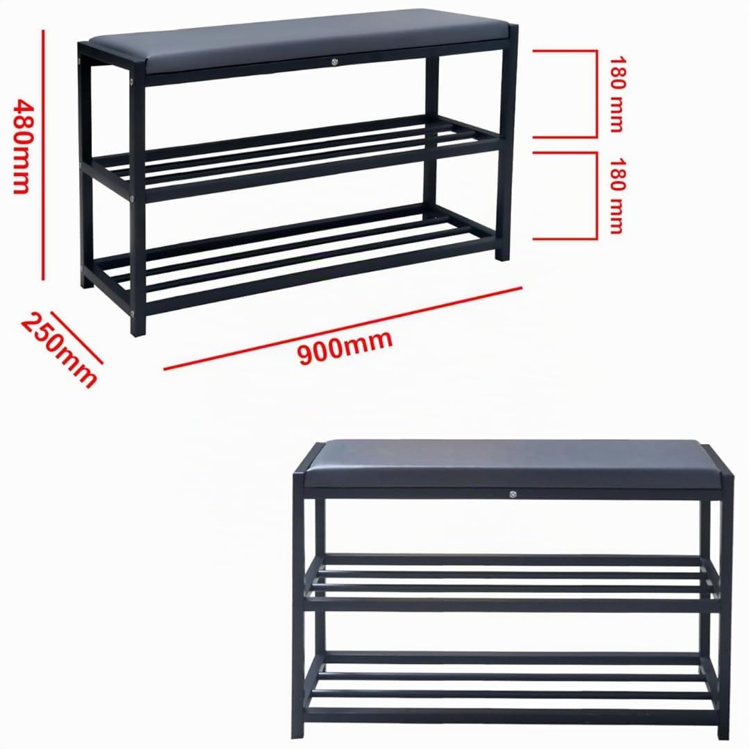 Maka Schuhregal Platzsparend, Schuhregal Mit Sitzbank Metall Schwarz, Shoe Rack Outdoor Wetterfest, Schuhbank mit Sitzfläche, Schuhbank Schwarz (Plus 90 cm)