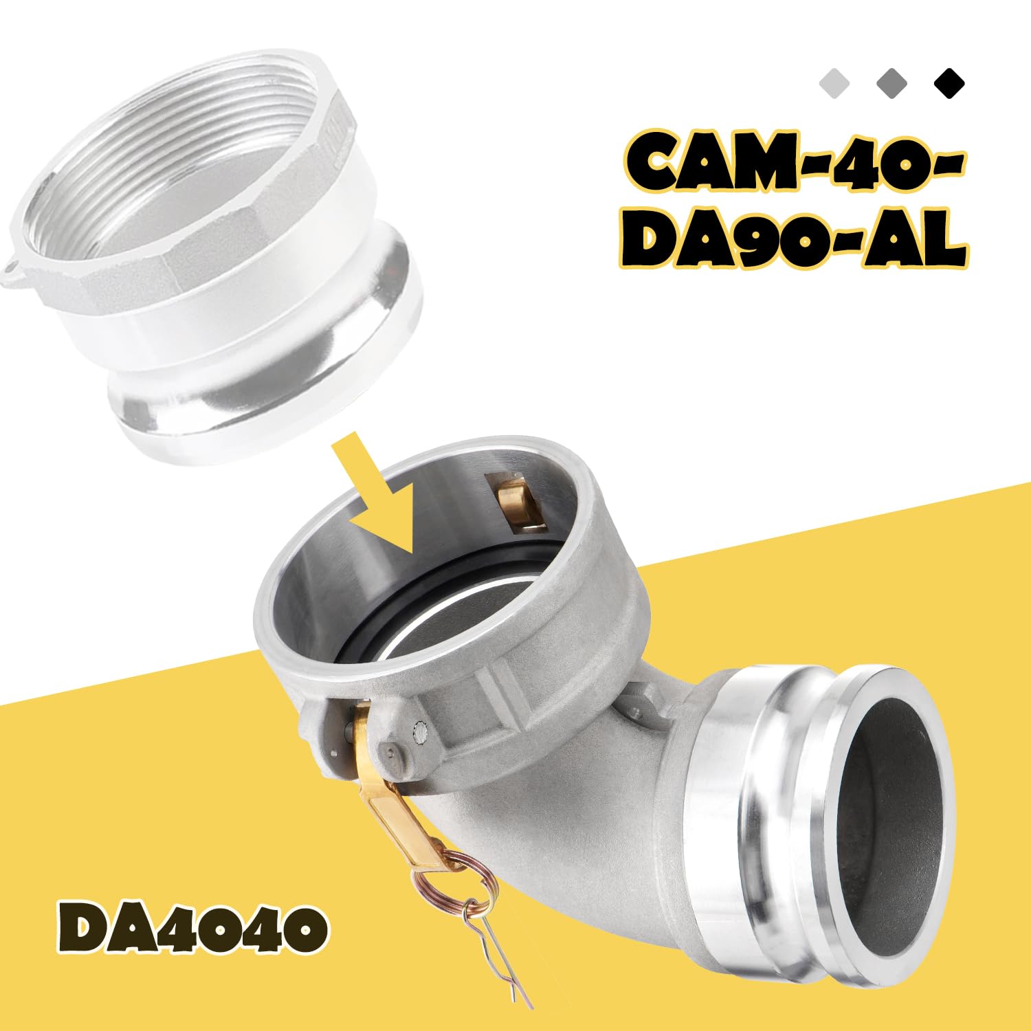 Acoplamiento de manguera de leva y ranura tipo DA, codo de 90 grados, Camlock hembra de 4 pulgadas x Camlock macho de 4 pulgadas, 100 PSI, material de aluminio, DA4040