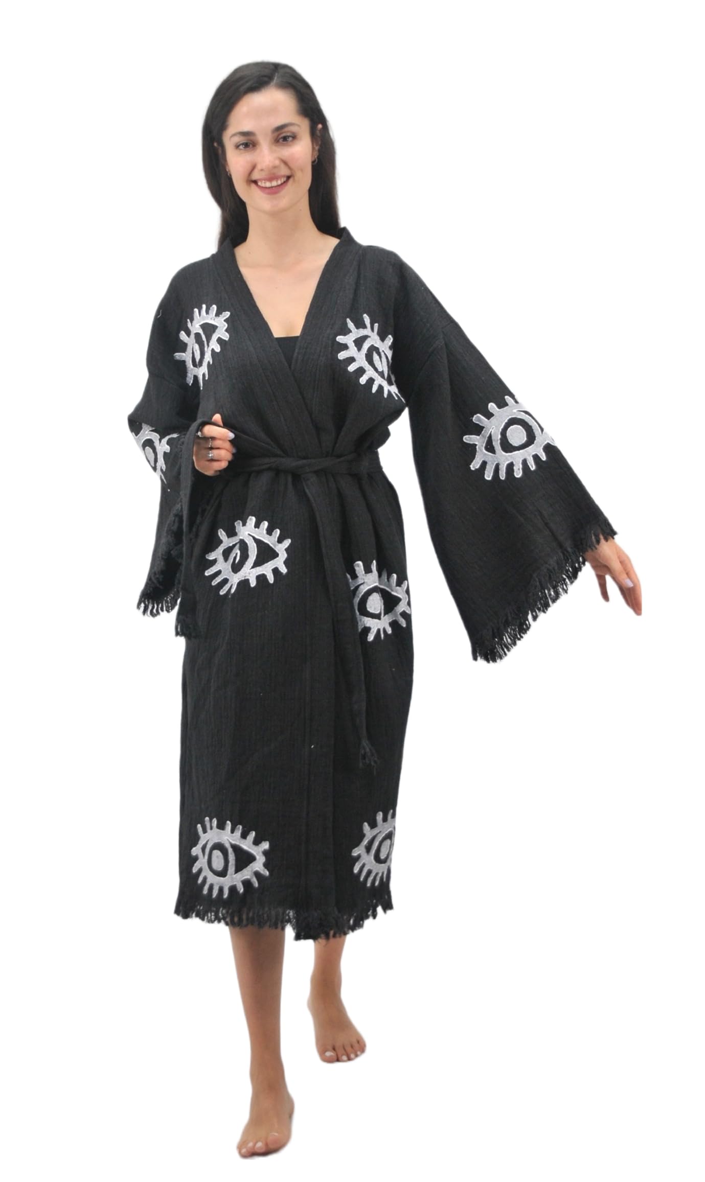 BodhoHandmade Evil Eye Boho Festival Kimono Boho Beachwear Beachwear Cover Up Ethnic Kimono Cardigan Bathrobe Morning Robe
