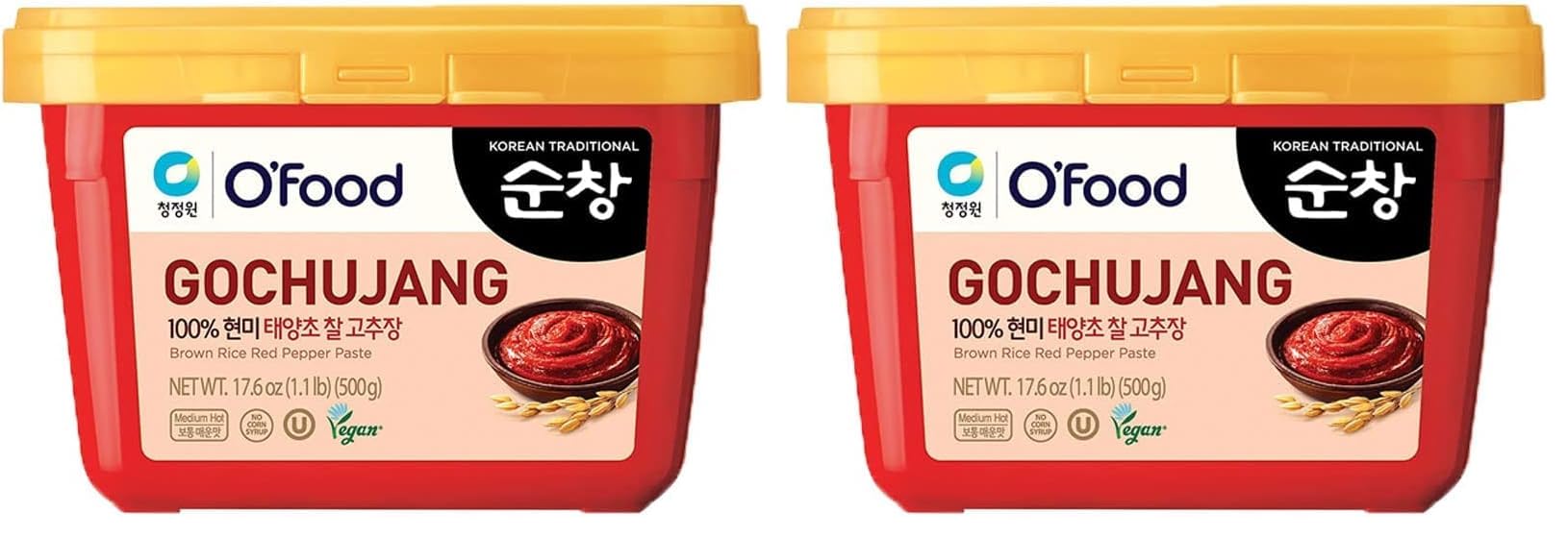 Chung Jung One O'Food Medium Hot Pepper Paste Gold (Gochujang), Chili Paste, Korean Traditional Sunchang Brown Rice Red Pepper Paste, No Corn Syrup 1.1lb, Medium Hot (500g) (Pack of 2)