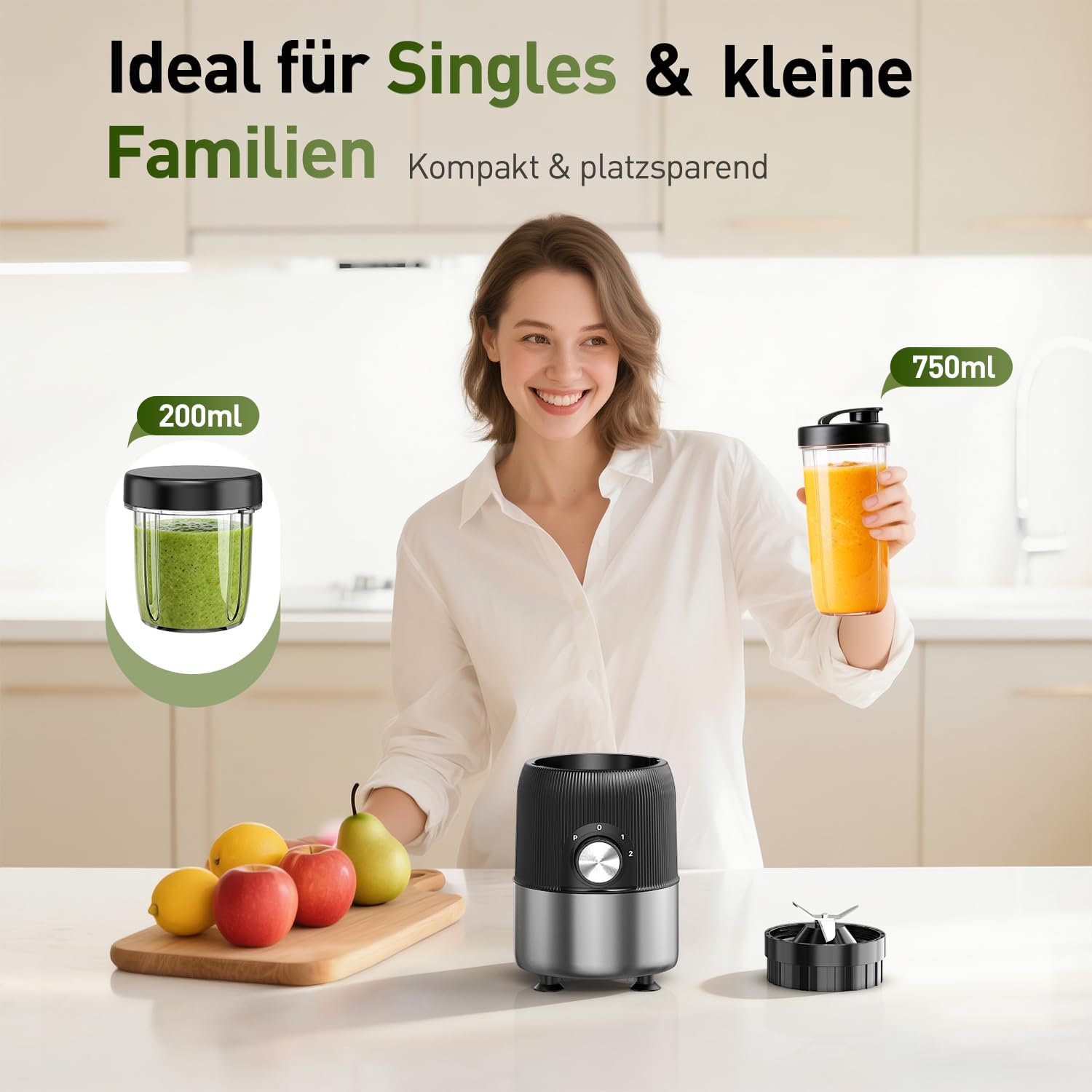 Ombrex Standmixer 500W & Smoothie Maker, Kompakter Blender für die Küche, 2 Mixbecher 750ml & 200ml, BPA-frei, Mixer für Smoothies, Eis & Babynahrung