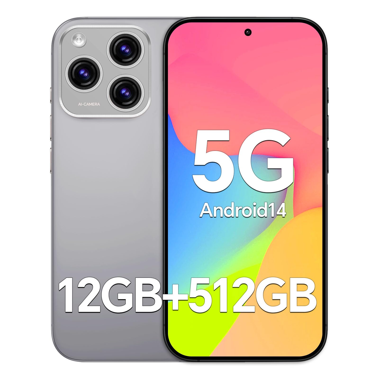 Unlocked Cell Phones A16 ProMax Smartphone,12+512GB Android 14, 48MP+108MP Camera Android Phone, 5000mAh Battery, 6.7" HD Screen, Face ID/Fingerprint Lock/Dual SIM/GPS(Light Grey)