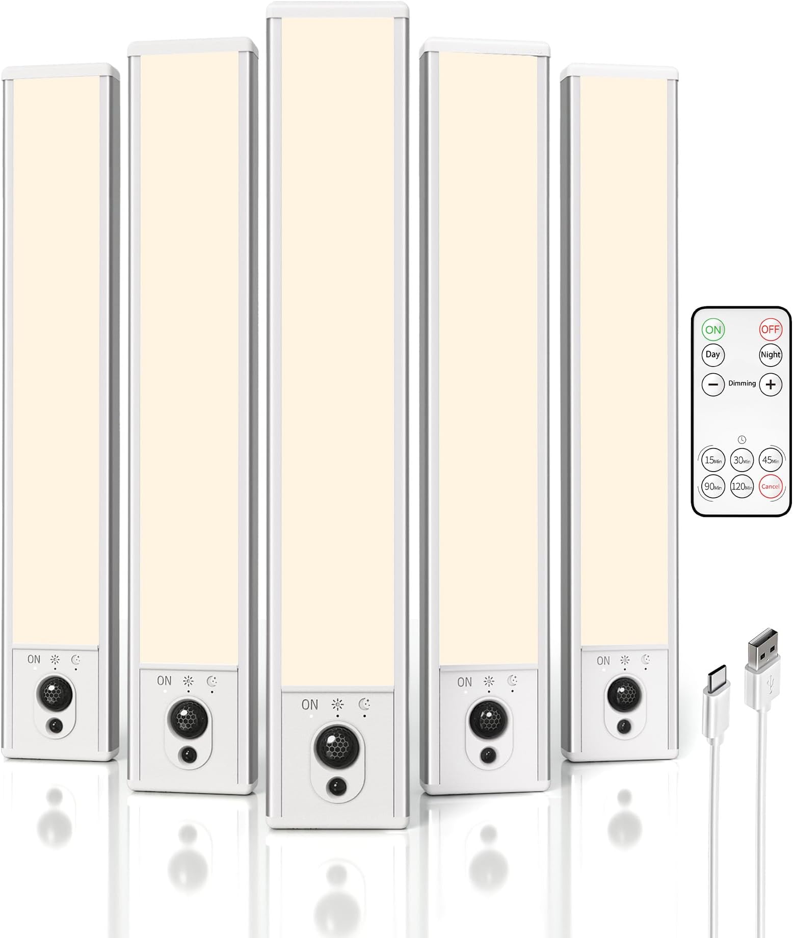 EZVALO Under Cabinet Lights, LED Closet Lights, Wireless USB Charging, Motion Sensor Lighting, Indoor 3500 K, Dimmable with Remote Control (Warm), Pack of 5