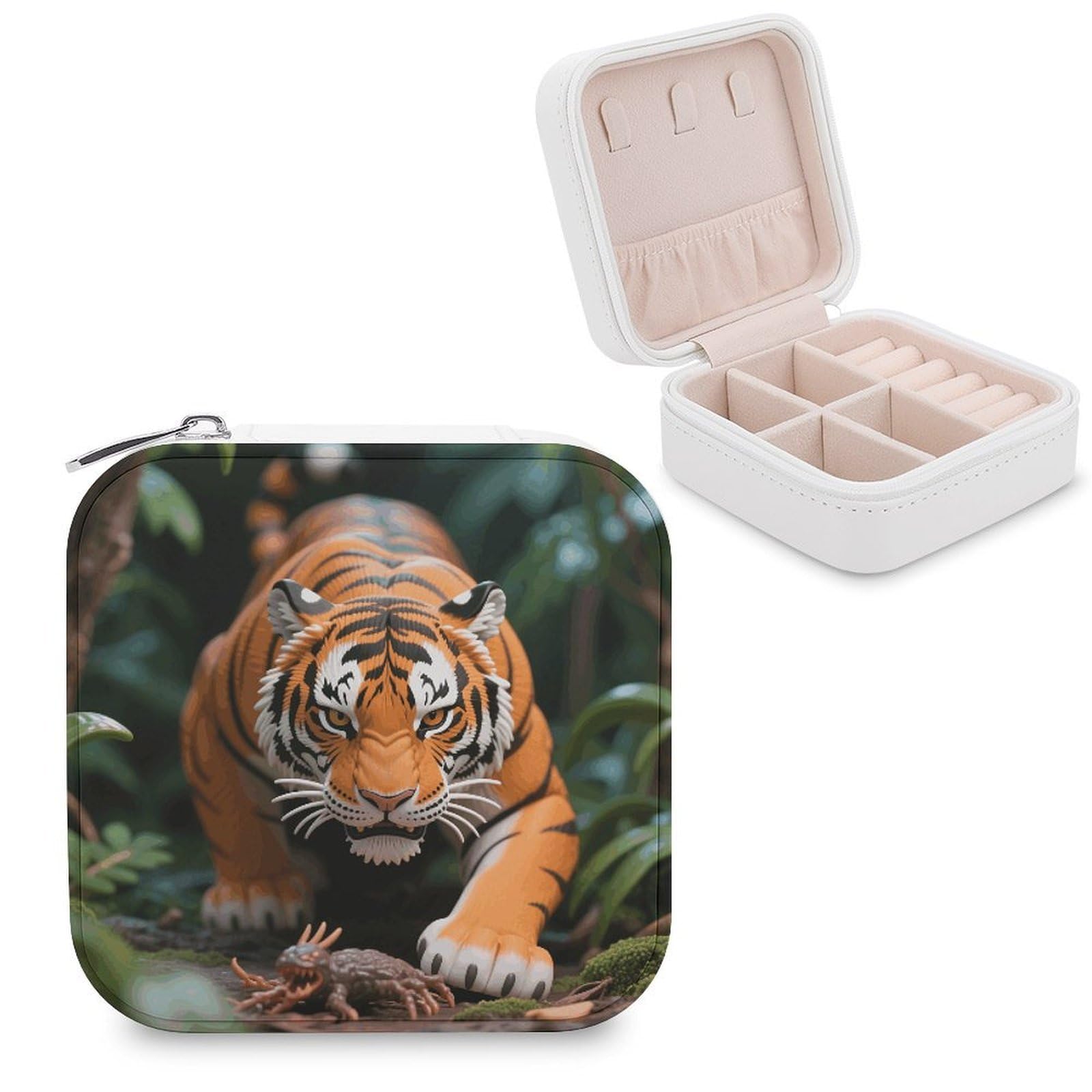 VstaDank Fierce Tiger Jewelry Organizer Travel Case for Women With Zipper Mini Jewelry Case PU Leather Jewelrys Box for Rings Necklaces Bracelets Earring Holder Organizer Storage