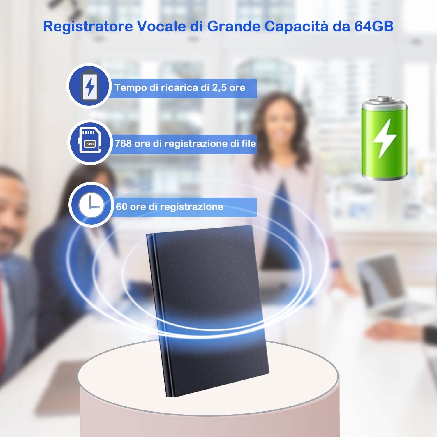 Registratore Vocale, 64GB Mini Registratore Vocale Professionale con Attivazione Vocale, 60 Ore di Registrazione, Registratore Vocale Ricaricabile USB per Riunioni Interviste Lezioni