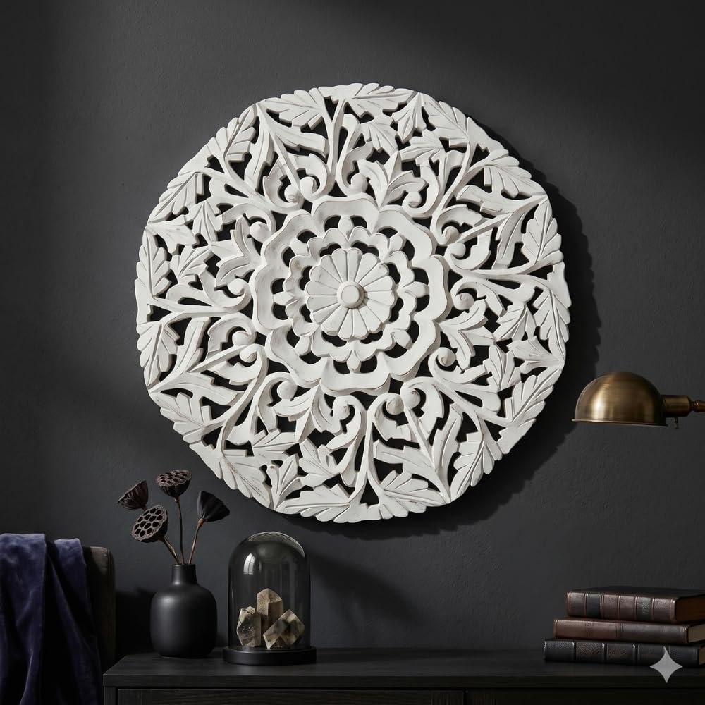 ABUCHAHAT DECOR Hand-Carved Round Floral Wood Wall Art Panel, White Distressed Finish, Mandala Design, 16x16 cm-image-32
