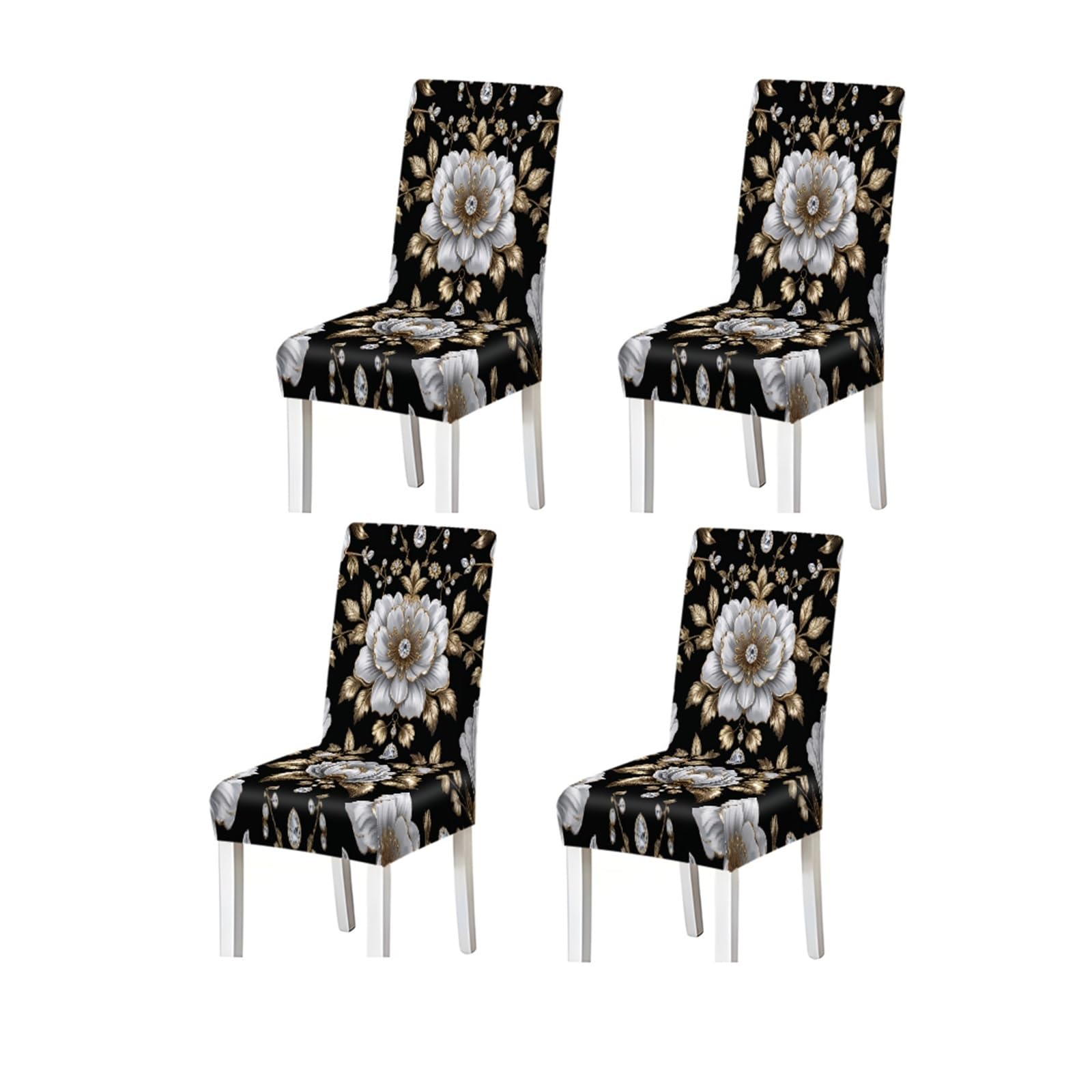 BOSUYBN White Peony Gold Jewel Print Stretch Dining Chair Covers For Kitchen Dining Living Room Luxury, 2/4/6PCS Furniture Protectors for Home Dining Room(4PCSChair cover)