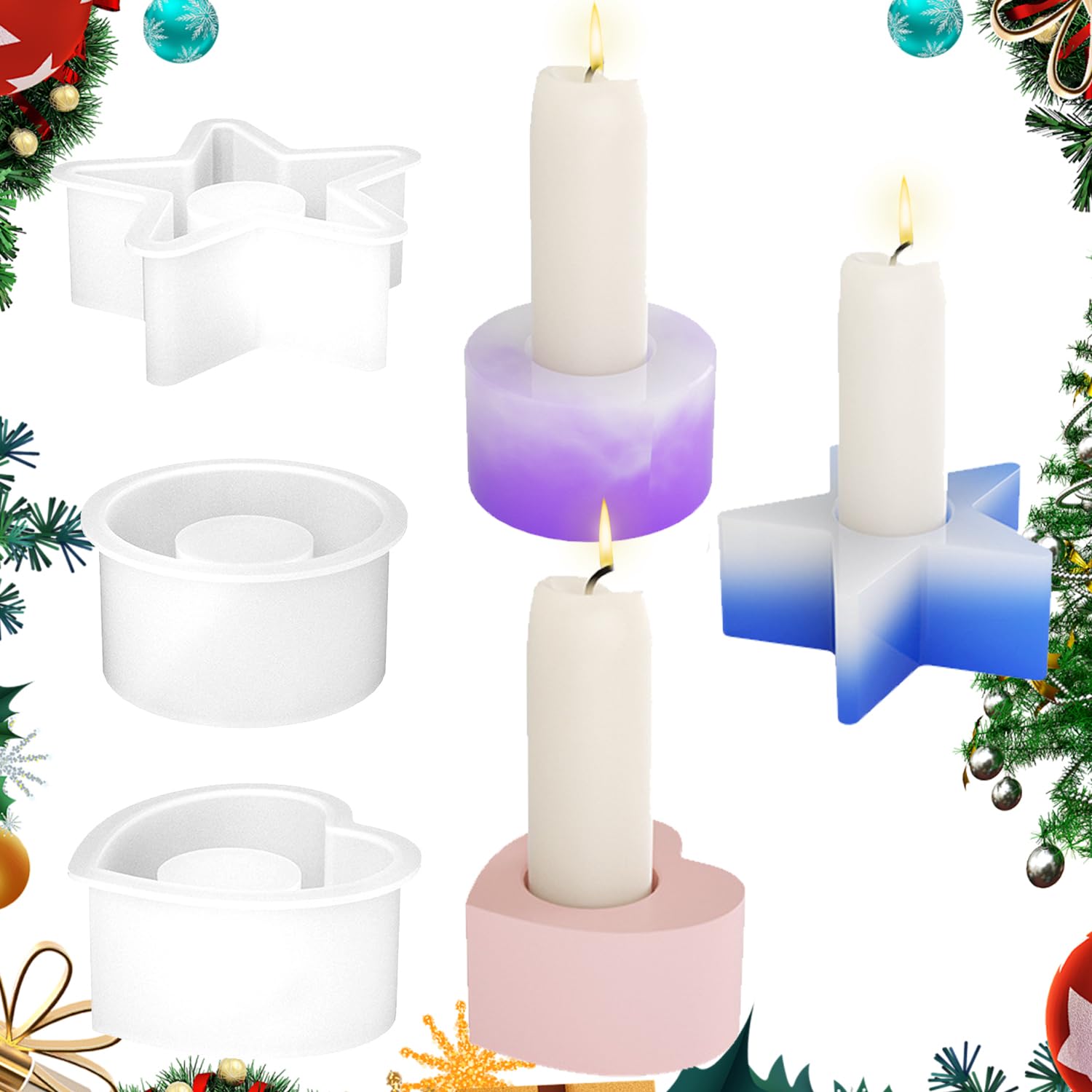 Fosoloni 3 Stück Silikonform Kerzenhalter, Silikonformen GießFormen Kerzenständer, Pentagramm, Runder, Herzform Silikonform Stabkerzenhalter für Beton, Gips