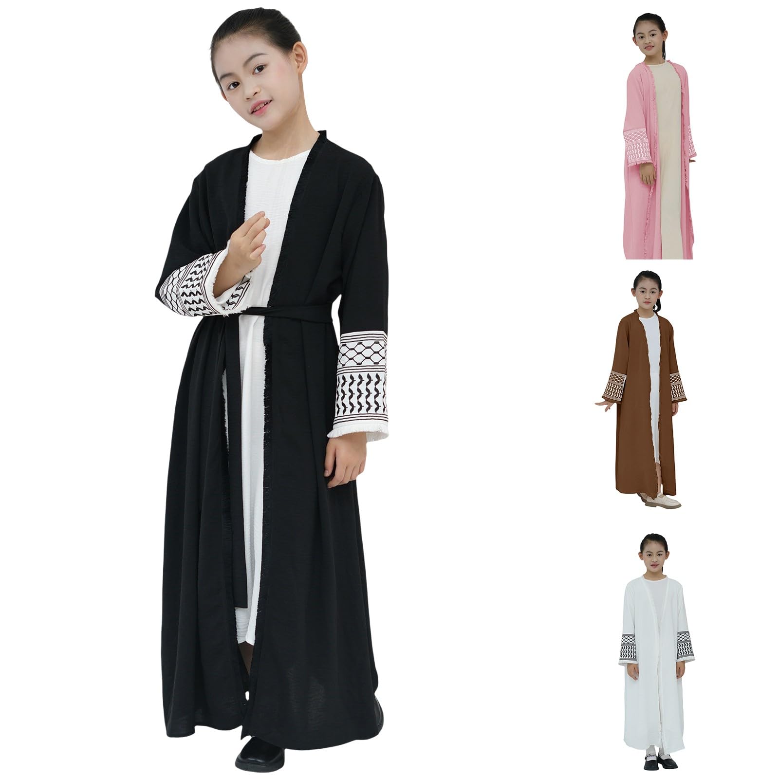 Muslim Prayer Clothes for Girls Embroidered Tassel Abaya Islam Kaftan Open Front Cardigan Prayer Dress Dubai Arabic Turkish Robe Ramadan Eid Robe with Bet