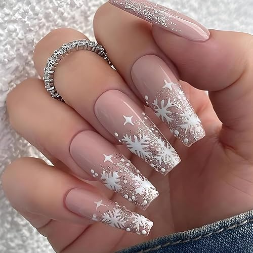 Christmas Long Press on Nails Square Nude Pink Fake Nails