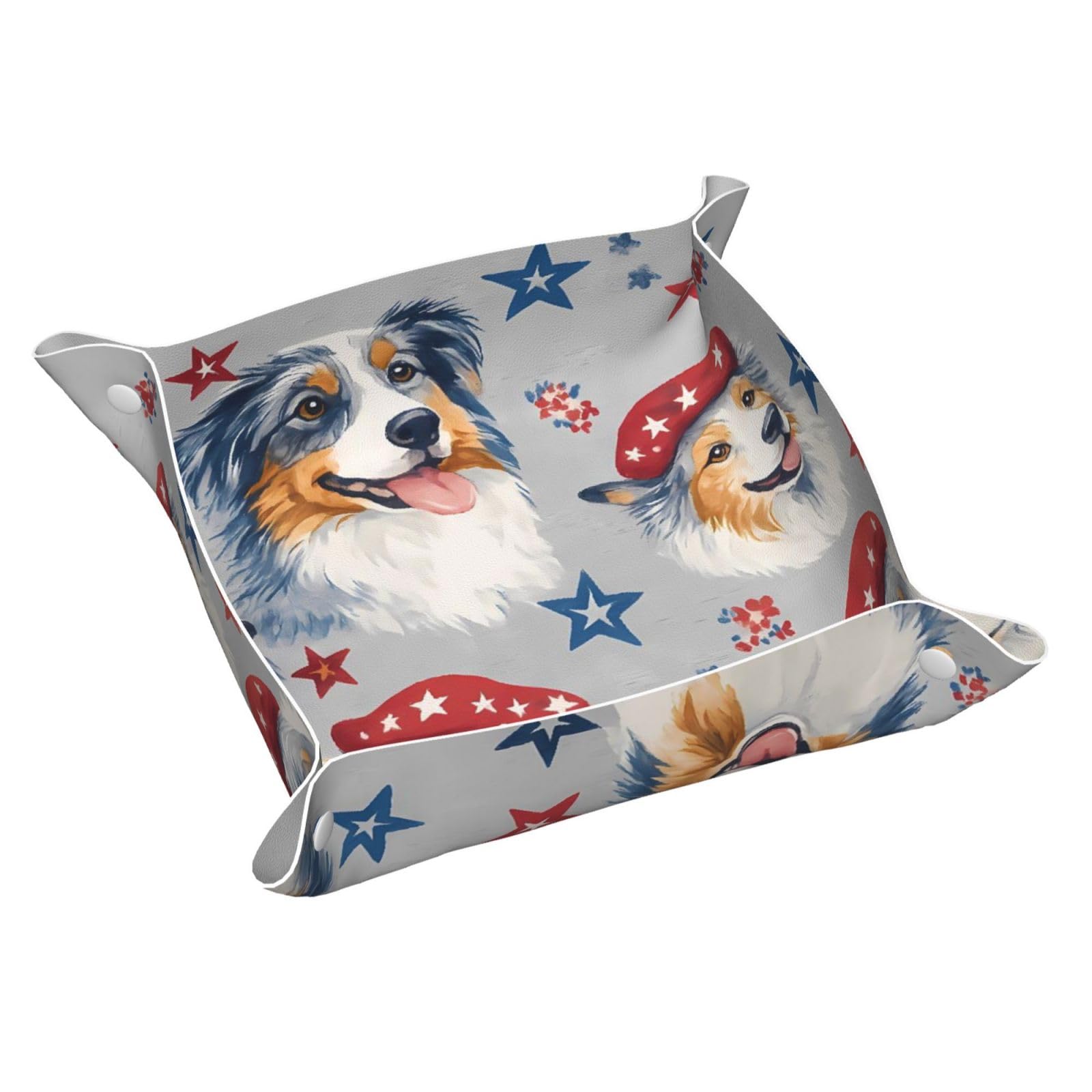 HLBSDM Cute Patriotic Australian Shepherd Tray Men's Leather Valet Parking Portable Entrance Trays Bedside Storage Box