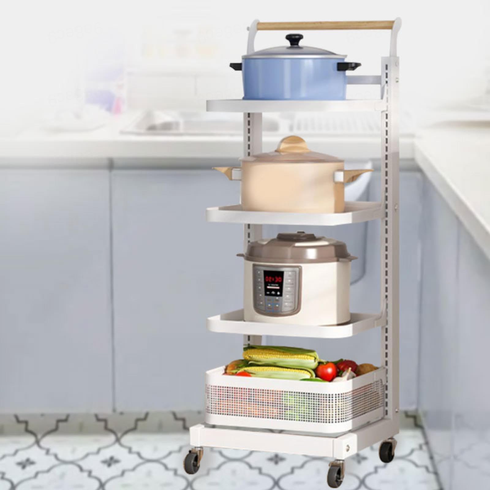Estante para sartenes de cocina blanco con soporte para cuchara y tapa de olla, almacenamiento portátil para sartenes, incluye 4 tablas, 3 ganchos y 1 cesta