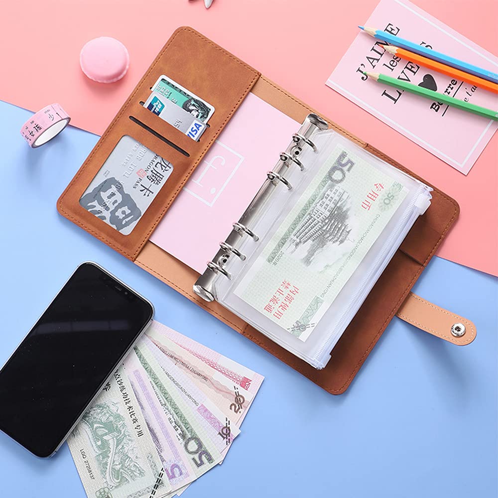 Carnet de Notes Rechargeable, Porte Documents Multifoncti, classeurs à feuilles A6, Portfolio en Pu Cuir, avec 12 Pochette à Glissière à Feuilles Mobiles, pour L'école de Bureau à Domicile (Marron)