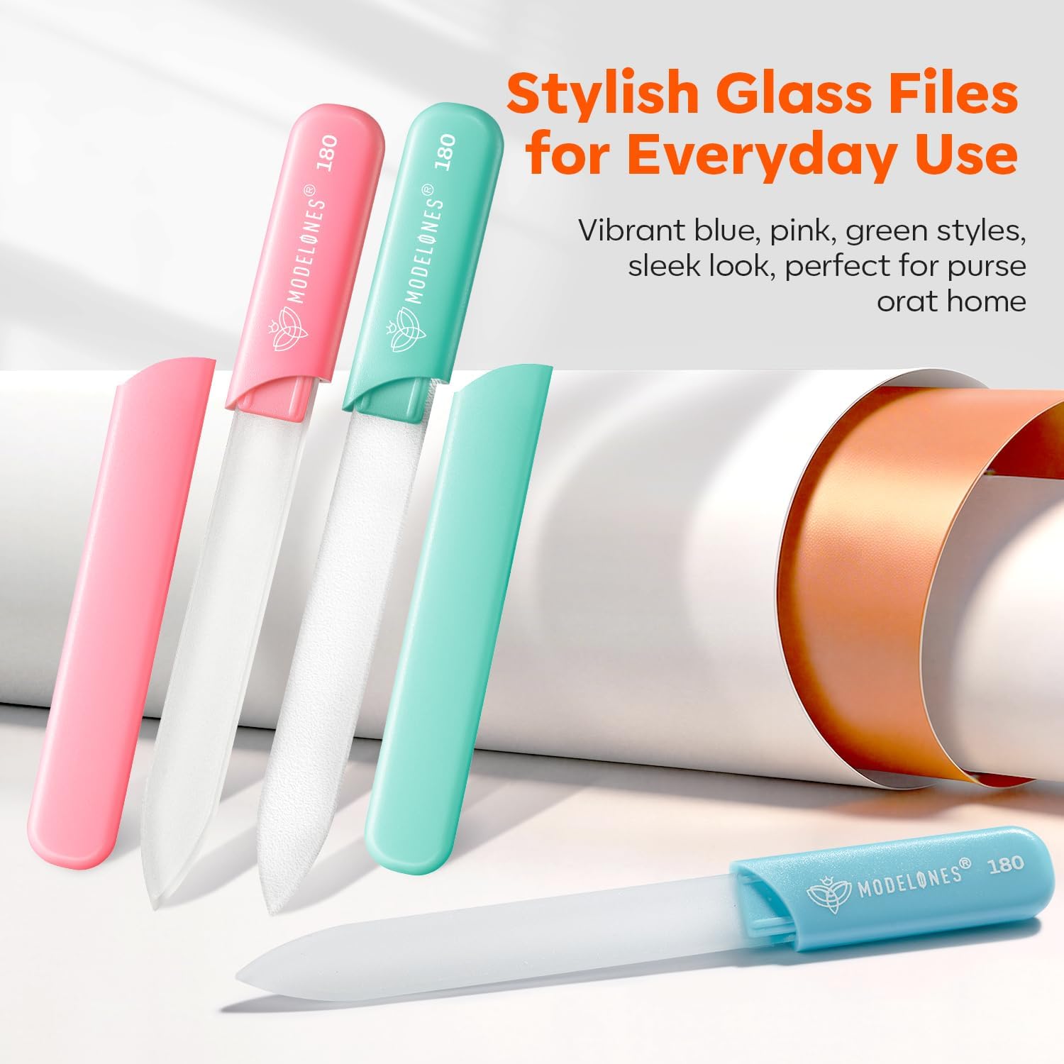 Modelones Nail Files, 3 PCS Crystal Glass Nail Files with 180/240 Grit – Double-Sided Reusable Fingernail Buffers & Cuticle Remover for Home, Travel, and Salon Manicure