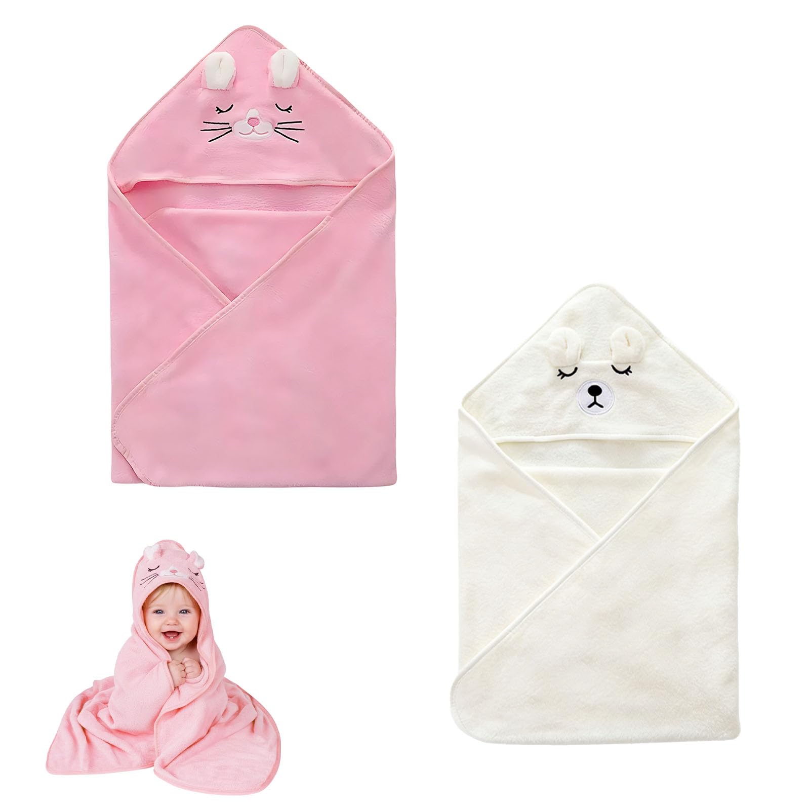 Wnzdp 2PCS Baby Towel, 80x80cm Baby Towels Newborn with Hood, Soft and Absorbent Animal Bear Design, Large Baby Bath Towel for Boys and Girls Infant (White&Pink)