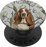 Vista 1 de Basset Hound Dog White Gray Sweet Pea Vintage Flower PopSockets PopGrip estándar